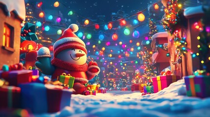 Fototapeta premium A snowman is standing in front of a Christmas tree with a bunch of presents