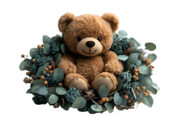 a teddy bear in a wreath of leaves. 