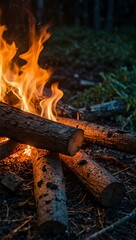 Flickering flames of a campfire lighting up the night