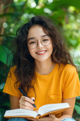 A person journaling in a sunny park, reflecting on a life filled with happiness and gratitude