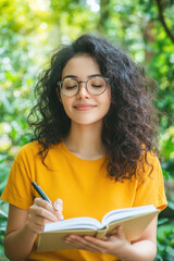 A person journaling in a sunny park, reflecting on a life filled with happiness and gratitude
