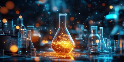 Photography of scientific laboratory equipment, glowing beakers, test tubes, science background for educational or research themes, experimental lab setting