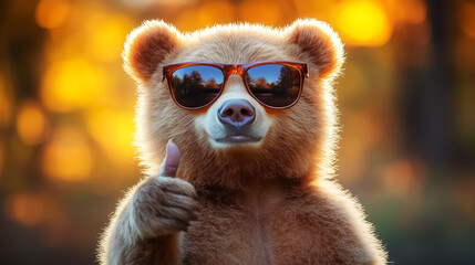 A playful bear wearing sunglasses gives a thumbs up, perfect for family-friendly content or social media posts celebrating nature and adventure. Design for Wall Art, Poster, Wallpaper & Background