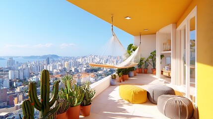 Sun-drenched balcony with colorful floor tiles, potted cacti, and a hammock 