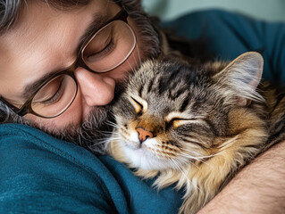 A pet owner gently massaging their senior cat, focusing on maintaining joint health and mobility