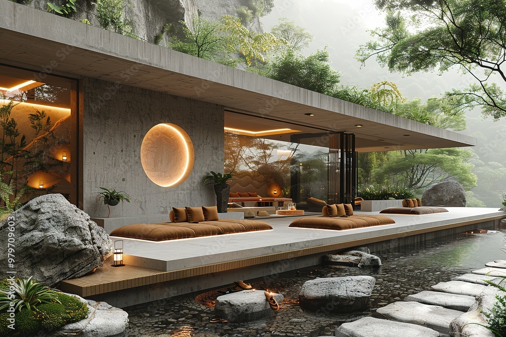 Poster a large house with a circular wall and a large window