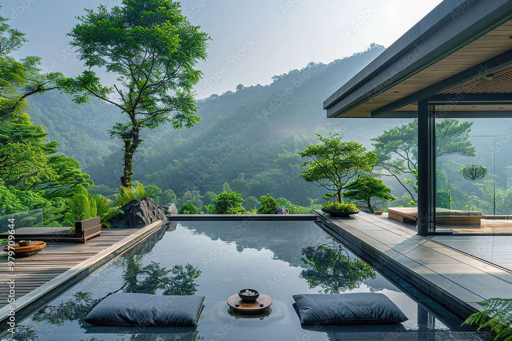 Poster a pool with a mountain in the background