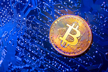 Bitcoin coin close-up on circuit board. Finance concept.