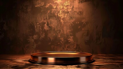 A circular bronze pedestal illuminated against a textured wall, perfect for showcasing products or artistic displays.