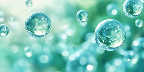 Abstract glass spheres, transparent bubbles floating on a blurred blue and green background, mobile phone wallpaper for a clean, minimalist aesthetic