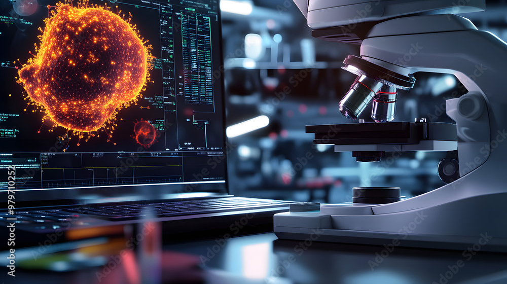 Poster conceptual image of a digital biopsy tool with advanced imaging and analysis, showcasing advancement