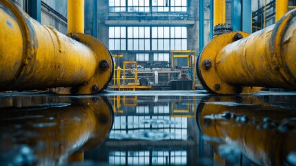 Industrial Plant Interior with Machinery, Yellow and Blue Color Palette, Large Water-Filled Pipes Reflecting Light, Window View, Furniture, Grainy Texture, Energy Production Atmosphere