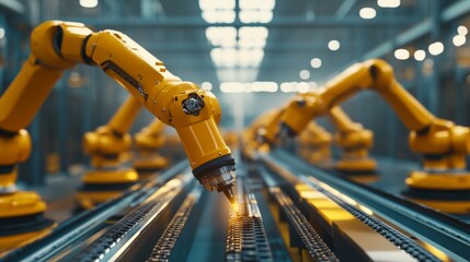 Robotic Precision in Manufacturing, showcasing advanced robotic arms meticulously applying adhesives to components on a streamlined assembly line for enhanced efficiency and accuracy.