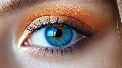 Obraz premium Close up of a blue eye with orange eyeshadow.