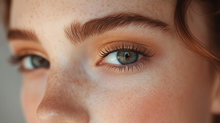 Obraz premium Closeup of a woman's eye with freckles and natural makeup.