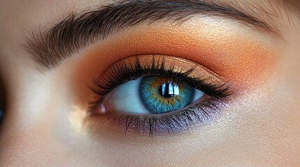 Obraz premium Closeup of a woman's eye with vibrant orange eyeshadow and blue eye