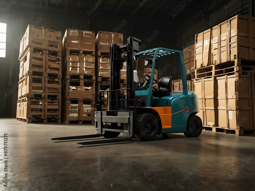 Poster forklift loader efficiently stacking pallets in a dynamic warehouse scene.