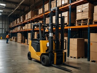 Forklift moving goods in a busy warehouse with high shelves.