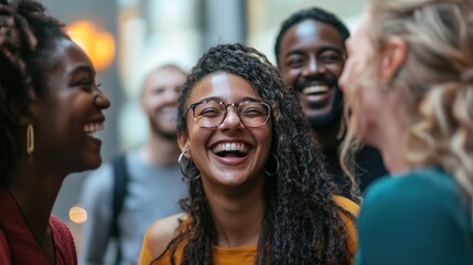 A diverse group of people laughing and interacting at a casual gathering.