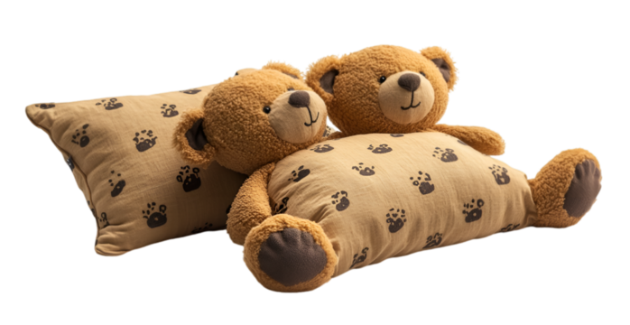 two stuffed bears lying on a pillow. 