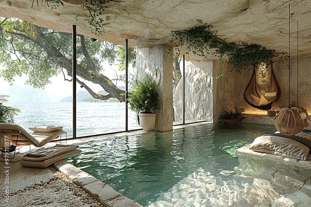Poster a large pool with a view of the water and a tree