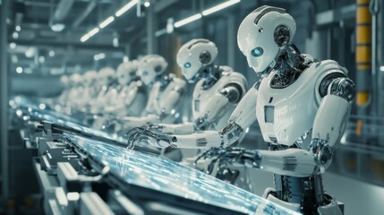 Fototapeta premium Robots expertly maneuver delicate glass panels in a cutting-edge electronics factory, showcasing advanced automation and precision in manufacturing processes.