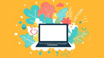 A laptop is shown in a colorful background with a lot of leaves and flowers