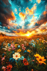 A wide-open field under a vast sunset sky, the clouds tinged with the warm colors of the setting sun