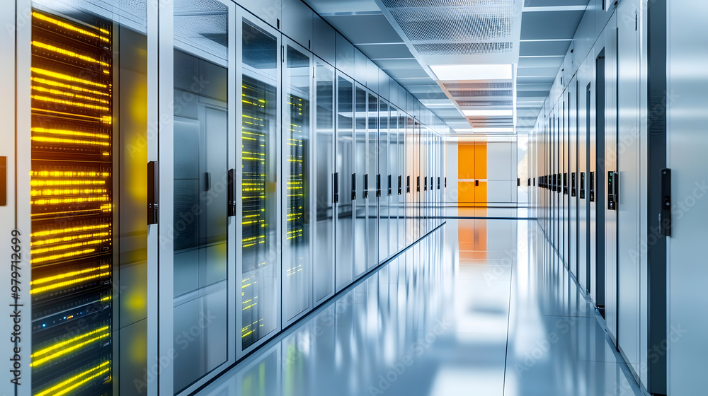 Poster modern data center with server racks, sleek high-tech environment with glass walls and reflective fl