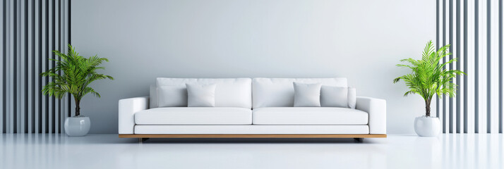 Minimalist living room with a white couch and plants.