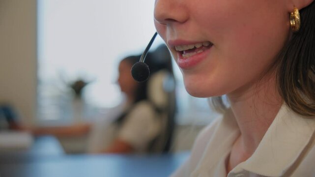 close up shot of young woman employee, help desk, costumer service manager in truck Dispatcher, call center worker. 
