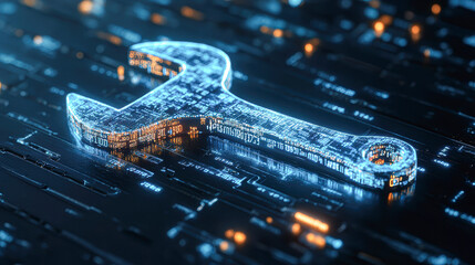 A wrench is displayed on a black background with a blue and orange glow