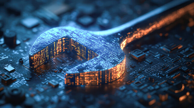 Smart Technology in Industrial Maintenance Glowing Blue Wrench in Binary Code Matrix for AI-Driven Repair