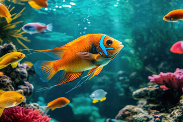 Fototapeta premium An exotic fish tank filled with colorful species, with a pet owner maintaining the aquarium for their aquatic pets