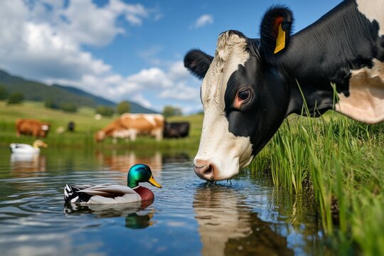 Farm animals grazing beside a tranquil pond, with ducks swimming and cows drinking water