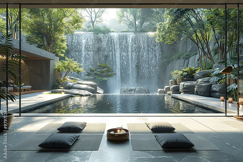 Poster a serene and peaceful setting with a waterfall and a pool
