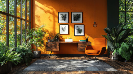Fototapeta premium Orange armchair in a home office with a desk and plants
