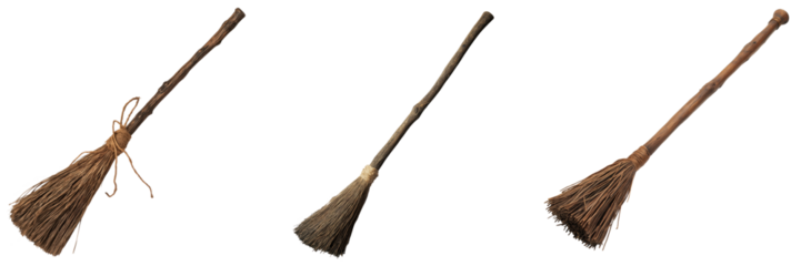 Set of Wooden witch broomstick on a transparent background
