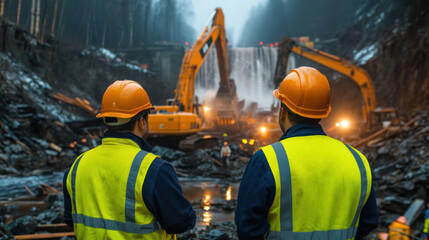Naklejka premium Engineers overseeing the construction of a dam, surrounded by heavy machinery and a bustling site