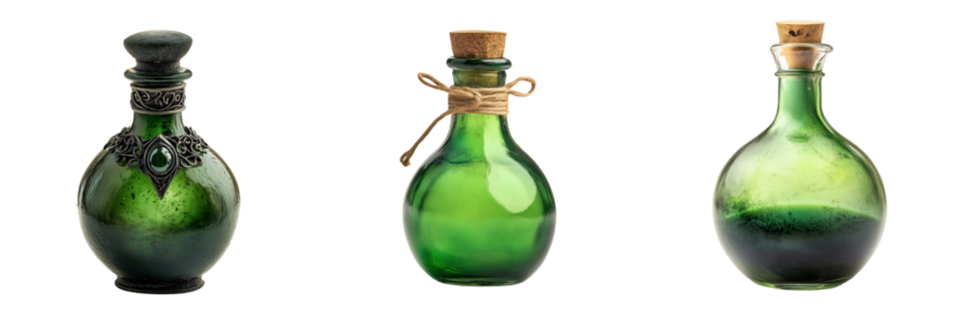 Set of Witch's green potion bottle isolated on a transparent background
