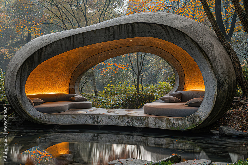 Poster a large, curved structure with a view of a forest