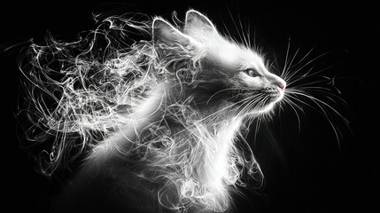   A monochrome image of a feline's visage featuring luminous white beams emanating from its orbs