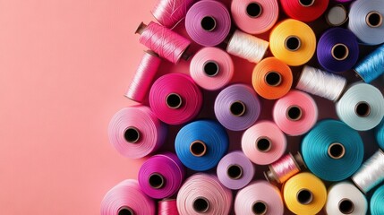   A spool of colored thread on a pink background appears with pink threads behind it