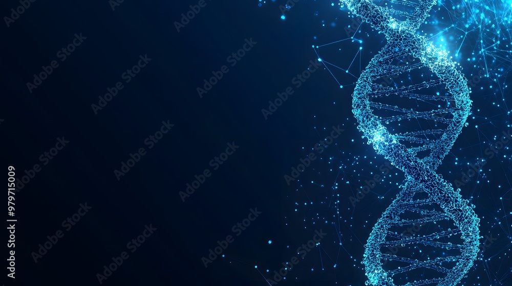 Poster abstract digital representation of dna with glowing blue lines and dots on a dark background