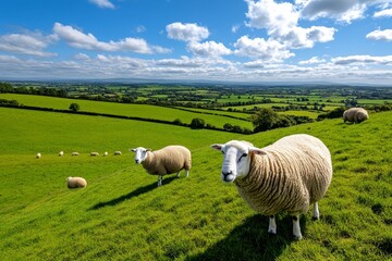 Obraz premium Farm animals like sheep peacefully grazing on a green hillside, with a beautiful view of the countryside
