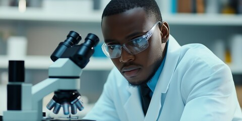 A man in a lab coat is looking through a microscope. He is wearing safety glasses and a lab coat