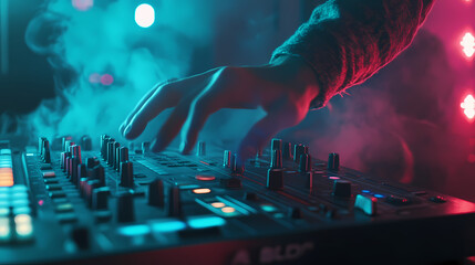Dj mixing music at night club hands on deck controls fog and strobe lights nightlife concept photo. Strobe Effect. Illustration