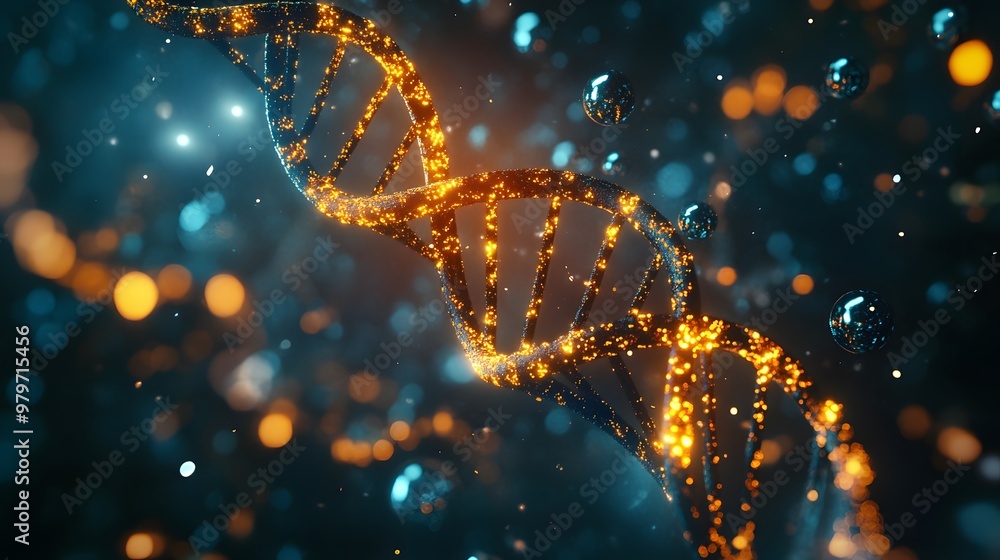 Aufkleber a glowing dna helix with bokeh and orbs in the background