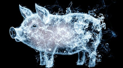   Picture of pig with smoke coming out of its back against black background