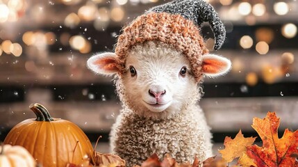 Obraz premium A white sheep with a knitted hat surrounded by fall leaves and pumpkins against a blurred backdrop